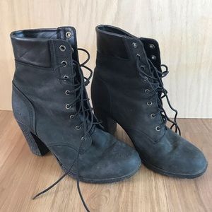 Timberlands boots black heeled combat lace up moto